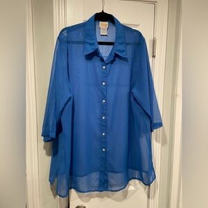 Roamans Size 1X Royal Blue Flowy Sheer 3/4 Sleeve Button Down Tunic Top